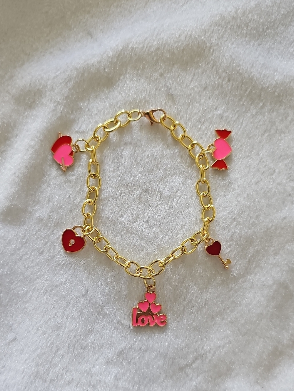 Gold-Tone Pink & Red Heart Charm Bracelet